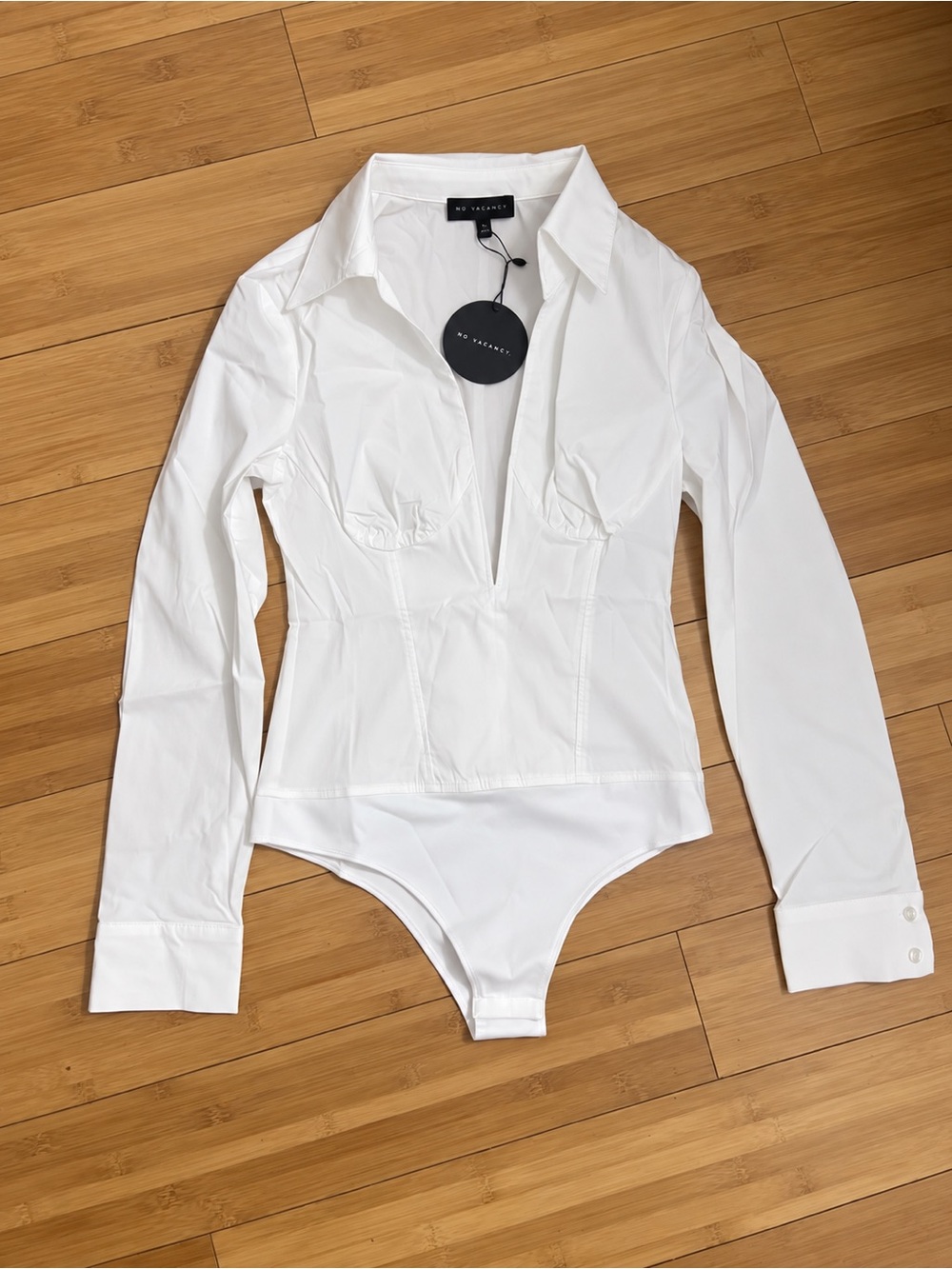 " Office Babe Bodysuit" -Deep V White Blouse with Statement Gold Pendant